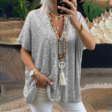 Short Sleeved Casual Loose Pullover Sequined V-Neck T-Shirt