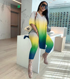 Plus Size Two Piece Tie Dyed Slit Tops+Bodycon Pants Sets