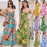 Summer V Neck Spaghetti Strap Backless Sleeveless Boho Floral Maxi Dresses