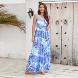 Summer V Neck Spaghetti Strap Backless Sleeveless Boho Floral Maxi Dresses