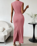 Sleeveless Pleated Bodycon Dress With Slit Back