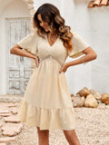 V-Neck Solid Color Ruffle Sleeve Dress