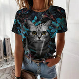 Cat Print Round Neck Short Sleeve T-Shirt