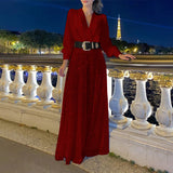 V-Neck Long Sleeved Shirt Elegant Waistband Sequin Wide Leg Jumpsuit