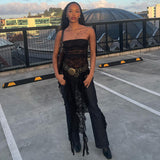 Straight Neck Strapless Patchwork See-Through Dress