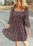 Square Neck Shirred Three-Quarter Sleeve A-Line Printed Dress