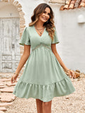 V-Neck Solid Color Ruffle Sleeve Dress