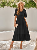 V-Neck Ruffle Sleeve Solid Color Long Dress