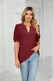 V-Neck Solid Color Hollow Puff Sleeve Loose T-Shirts