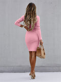 Round Neck Button Long Sleeve Tight Dress