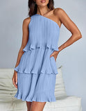 Off-Shoulder Layered Hem Pleated Sleeveless Dress