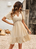 V-Neck Solid Color Ruffle Sleeve Dress