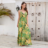 Summer V Neck Spaghetti Strap Backless Sleeveless Boho Floral Maxi Dresses