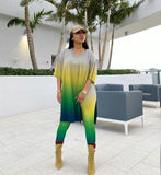 Plus Size Two Piece Tie Dyed Slit Tops+Bodycon Pants Sets