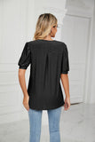 V-Neck Solid Color Hollow Puff Sleeve Loose T-Shirts