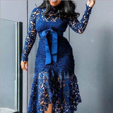 Plus Size Lace Cutout Long Sleeve Stand Collar Lace Up Dress