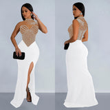 Mesh Rhinestone Sleeveless Slit Maxi Dress