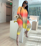 Plus Size Two Piece Tie Dyed Slit Tops+Bodycon Pants Sets