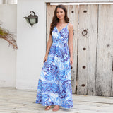 Summer V Neck Spaghetti Strap Backless Sleeveless Boho Floral Maxi Dresses