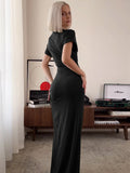 Solid Color Short-Sleeved Long Slim Double-Layer Slit Dresses