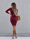 Round Neck Button Long Sleeve Tight Dress