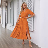 V-Neck Button Drawstring Hem Short Sleeve Dress