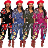 Cartoon Letter Print Button Loose Jumpsuits