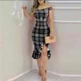 One-Shoulder Sexy Off-Shoulder Plaid Ruffle Dress