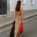 Leopard Print V-Neck Backless Suspender Dresses