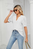 V-Neck Solid Color Hollow Puff Sleeve Loose T-Shirts