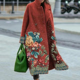 Floral Print Lapel Woolen Coat