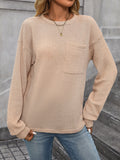 Waffle Solid Color Round Neck Pocket Casual Loose T-Shirt