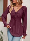 V-Neck Drawstring Waist Sexy Long Sleeve Solid Color T-Shirt