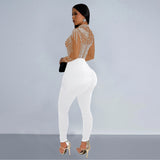 Mesh Rhinestone Long-Sleeved Trousers Jumpsuit