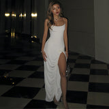 Solid Color Suspender Patchwork Slit Pleated Dresses