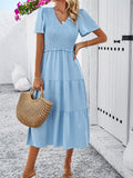 Casual Solid Color V-Neck Short Sleeved Dresses