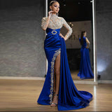 Blue Gold-Sprinkled Slit Half Turtleneck Evening Dresses