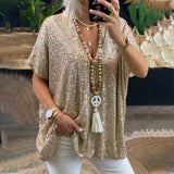 Short Sleeved Casual Loose Pullover Sequined V-Neck T-Shirt