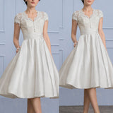 A-Line/Princess V-neck Tea-Length Satin Wedding Dress With Ruffle Pockets