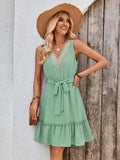 Solid V-Neck Sleeveless Lace Waistband Dress