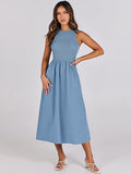 Round Neck Ribbed Sleeveless Dress With Pockets