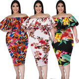 Off Shoulder Floral Print Bodycon Midi Dresses