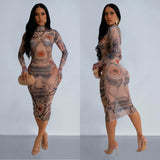 Printed Hip-Hugging Midi Dress