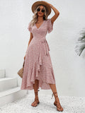 V Neck Floral Short Sleeve Asymmetric Hem Dress