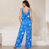 Suspender Printed Wide Leg Jumpsuit Pants