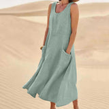 Sleeveless Round Neck Cotton And Linen Dress