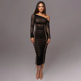 Sexy Mesh Spliced Slant Neck Off-Shoulder Slim Long Dress