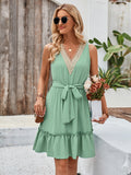 Solid V-Neck Sleeveless Lace Waistband Dress