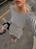 Striped Print Long-Sleeved Backless Dresses