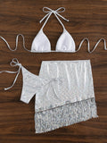 Three-Piece Fringed Lace-Up Bikini Sets